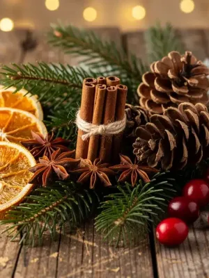 Festive holiday scent elements arranged for winter 2026 celebrations