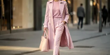 Woman in stylish light pink monochrome casual outfit walking city street