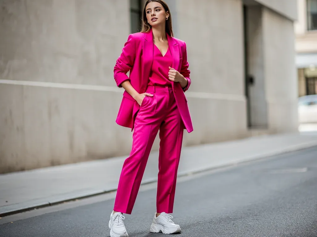 Woman in vibrant fuchsia pink monochrome blazer and trousers outfit