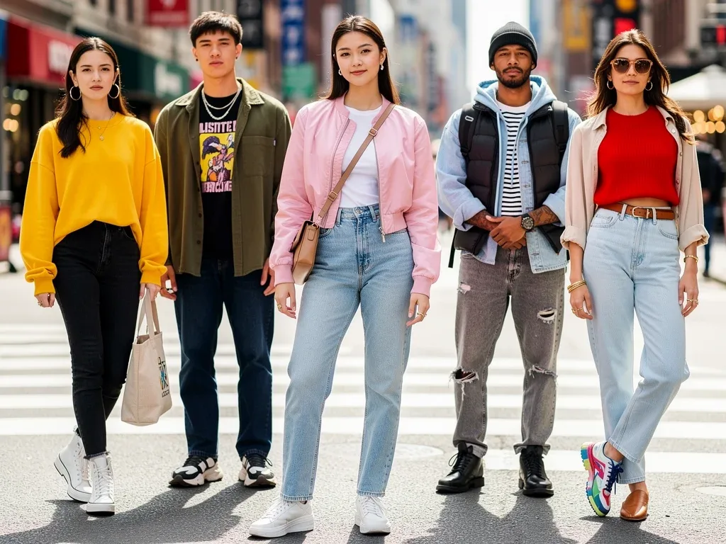 Seven distinct models showcasing modern, colorful casual weekday outfits with straight-leg jeans.