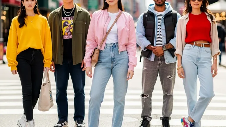 Seven distinct models showcasing modern, colorful casual weekday outfits with straight-leg jeans.