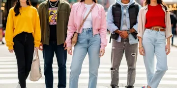 Seven distinct models showcasing modern, colorful casual weekday outfits with straight-leg jeans.