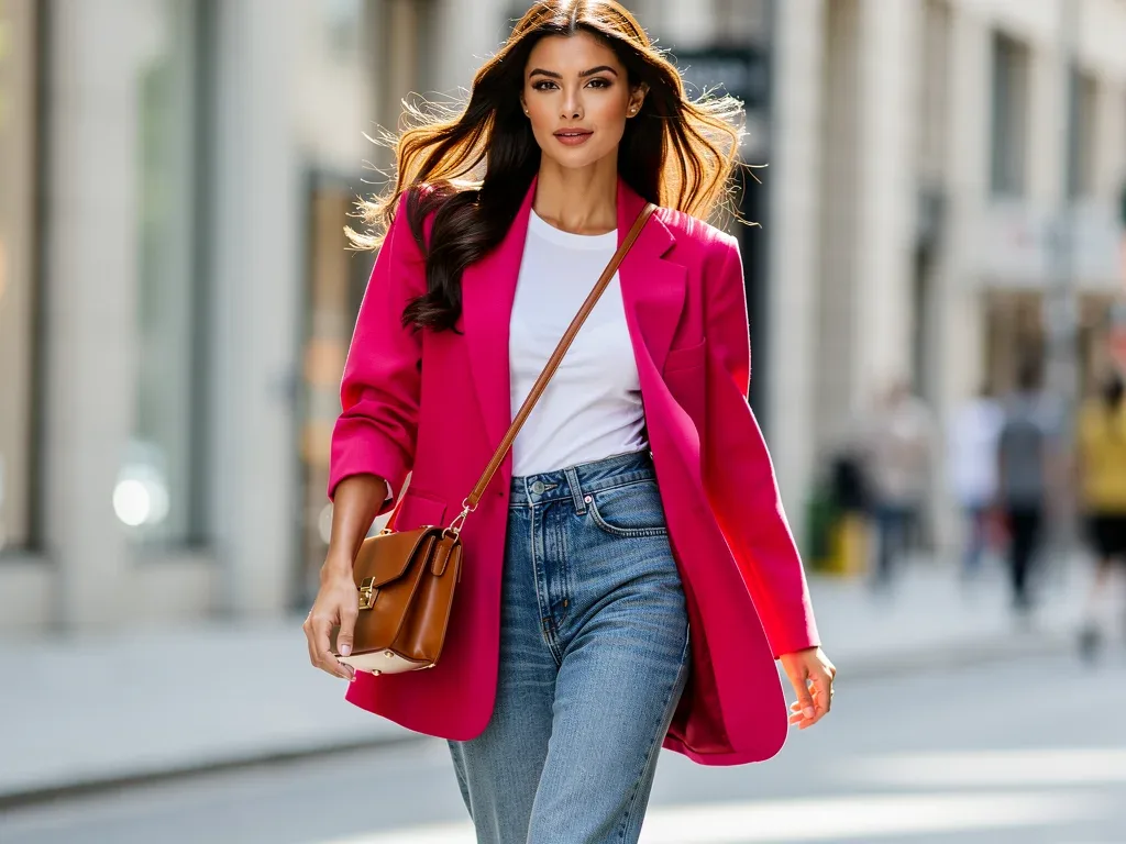 Woman in straight-leg jeans, oversized blazer, and white t-shirt, walking confidently.