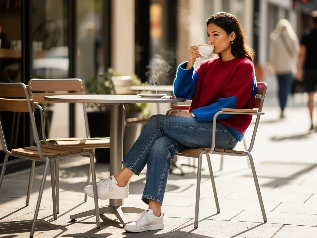 Person in straight-leg jeans, colorful knit sweater, and sneakers at a cafe.