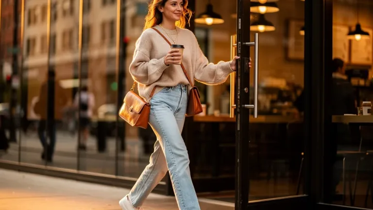Stylish woman in a casual coffee-run ensemble, holding a cup, walking from a cafe.