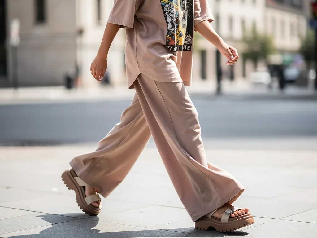 Person wearing wide-leg leggings and oversized tee in urban setting