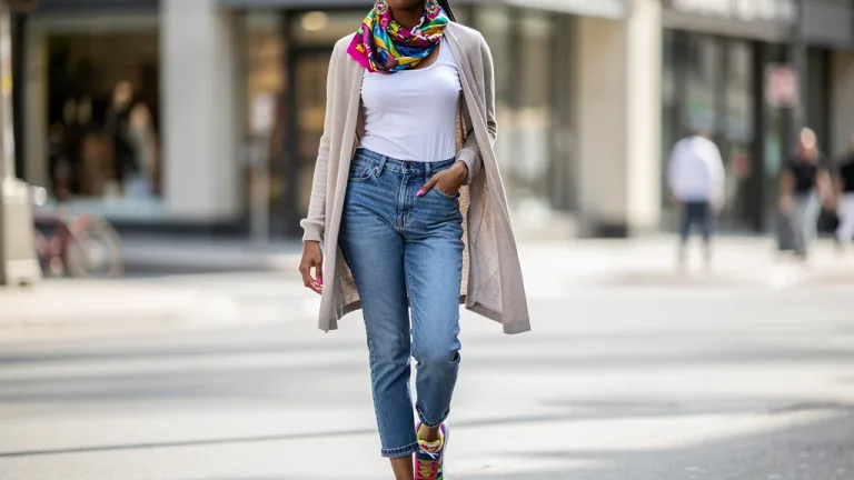 Woman in casual everyday outfit with white t-shirt, blue jeans, cardigan, and colorful accessories.