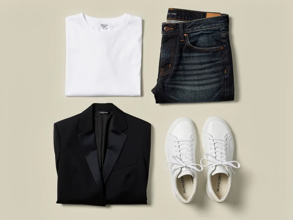 Flat lay of four foundational wardrobe staples: white tee, dark jeans, black blazer, white sneakers.