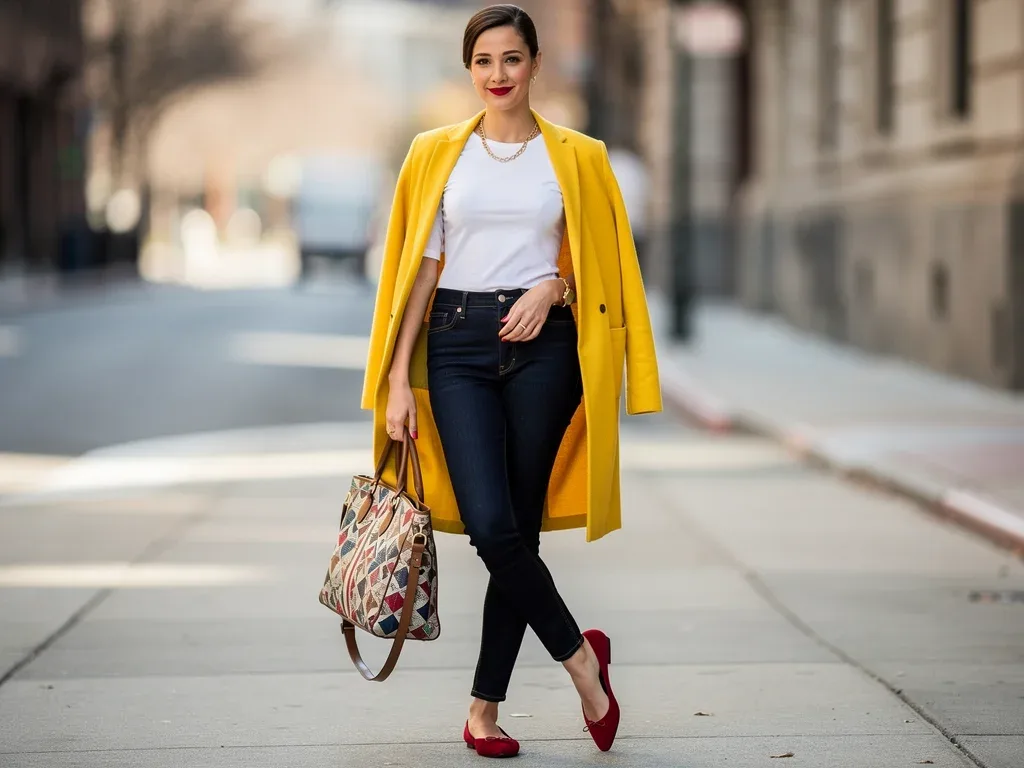 Woman showcasing a casual everyday outfit with energetic yellow cardigan and red ballet flats.
