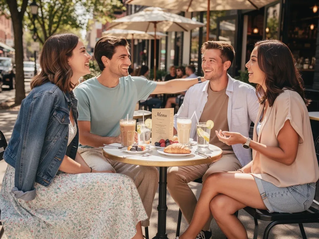 People wearing comfortable layered summer clothing at an outdoor cafe.