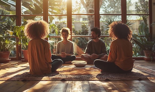 A diverse group of people meditating together in a peaceful setting, with soft natural light.