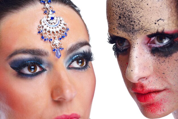 A split image showing two different eye makeup looks: one with harsh, dark eyeliner and eyeshadow, and the other with soft, blended lines and neutral colors. The comparison visually illustrates the aging effect of the former versus the youthfulness of the latter.