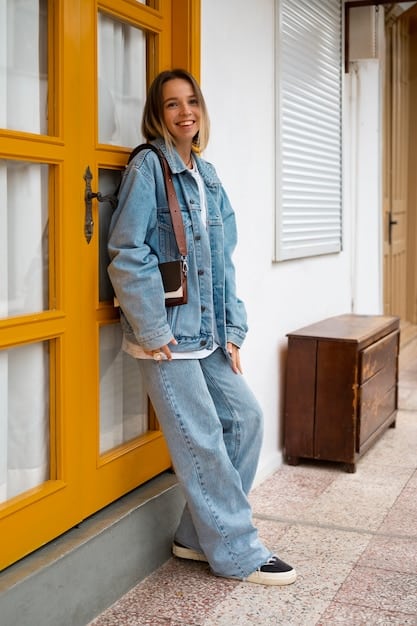 A woman wearing a white t-shirt, jeans, and a blazer, standing in front of a brick wall. The outfit is casual yet polished, showcasing the versatility of these essential pieces.