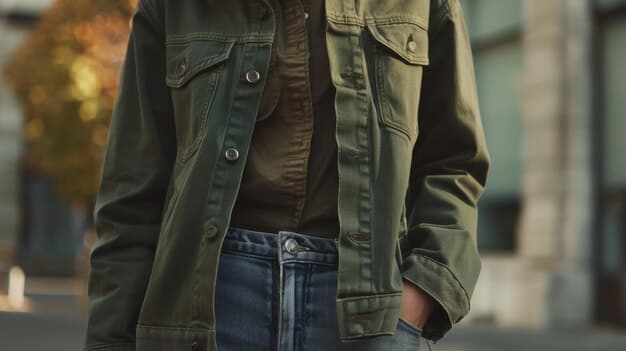 A close-up of a layered outfit featuring a white t-shirt, a denim jacket, and an olive green bomber jacket. The focus is on the textures and colors of the three layers.