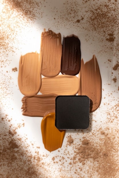 A split image showcasing different types of foundation formulas: liquid foundation being applied with a brush, powder foundation with a sponge, and cream foundation being dabbed onto the skin.