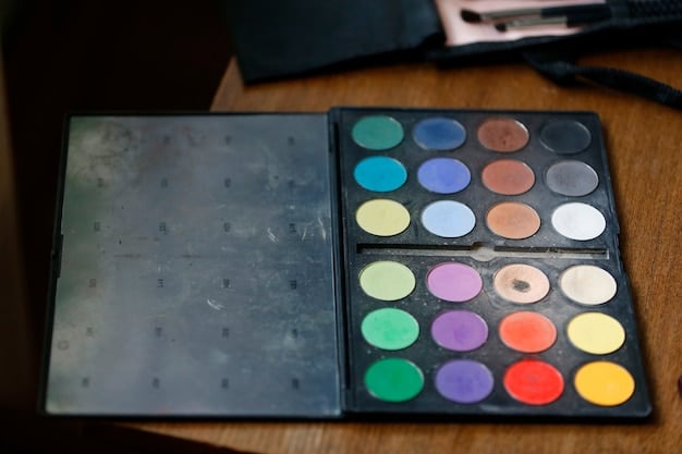 A makeup artist's kit featuring eyeshadow palettes with neutral tones, a variety of makeup brushes (blending, shader, and pencil brushes), eyeliner pencils (black and brown), mascara, and makeup remover wipes. The setup is clean and organized.