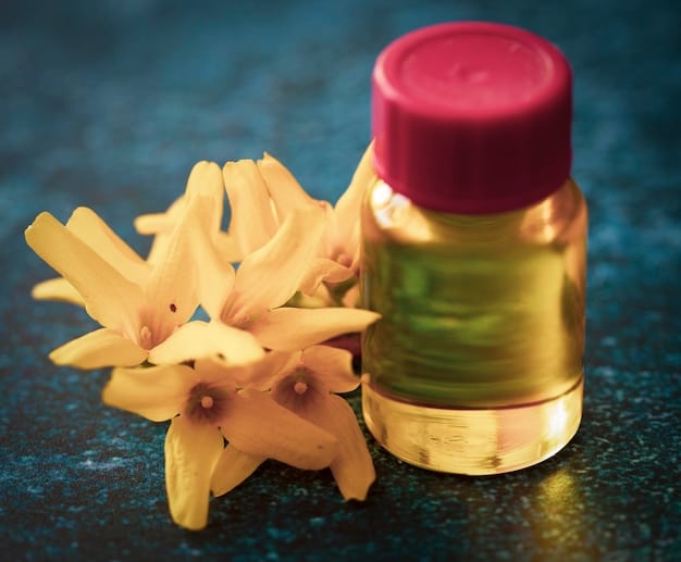 A close-up shot of a perfume bottle with a label highlighting its notes, surrounded by ingredients like vanilla beans, spices, and amber resin, showcasing the complexity of oriental fragrances.