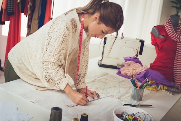 A fashion designer working in a studio, surrounded by fabric samples and sketches. She is carefully examining a piece of sustainable fabric, showcasing the attention to detail and craftsmanship involved in creating eco-friendly clothing.