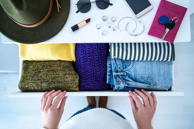 A close-up shot of a capsule wardrobe, displaying a curated collection of minimalist pieces, including a white shirt, black blazer, straight-leg jeans, and simple accessories.