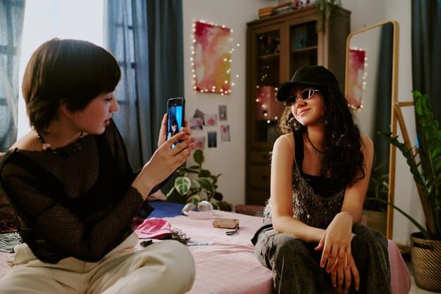 A split-screen image showing a Gen Z individual browsing a fashion TikTok feed on one side, and them recreating a similar outfit on the other side, emphasizing their active participation in trend creation and adoption.