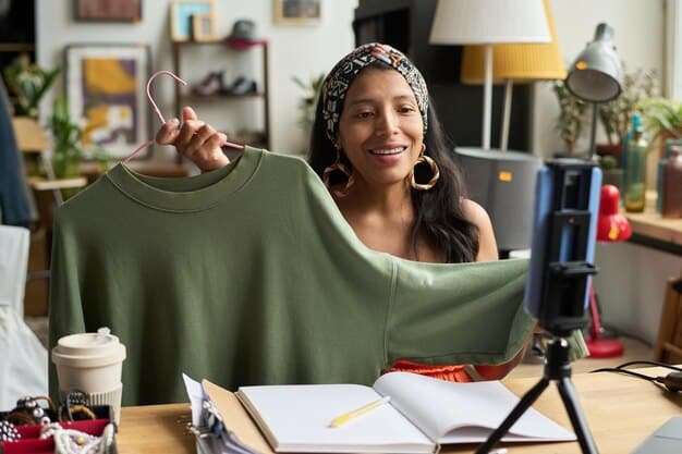 A Gen Z influencer showcasing a DIY upcycled outfit, highlighting the creativity and resourcefulness of this trend. The setting is a bright, modern apartment with visible elements of sustainability, like indoor plants and minimalist decor.