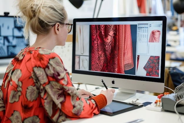 A digital fashion designer working on a virtual garment using specialized software. The screen shows a highly detailed 3D model of a piece of clothing, and the designer is using a stylus to make adjustments.