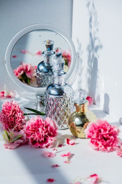 Close-up shot of various perfume bottles on a mirrored tray. The perfumes range in scent profiles, from floral to woody, set against a backdrop of soft lighting.