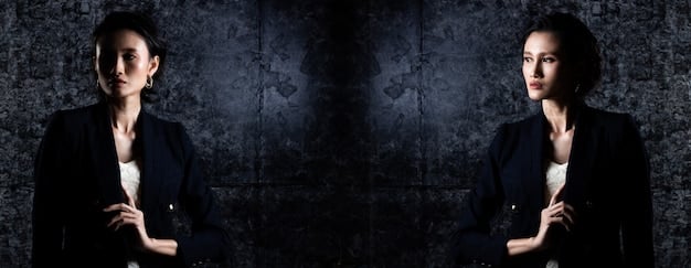 A split image. On one side, a model wearing a Shein business suit; on the other side, a collection of perfume bottles with strong amber and woody notes. The image conveys the harmony between attire and fragrance.