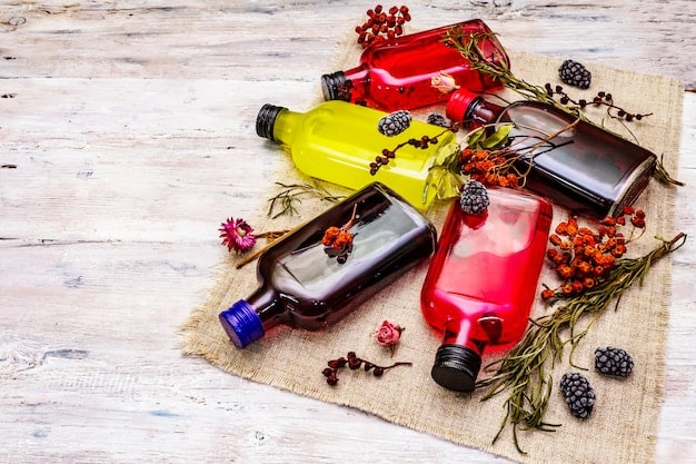 A close-up of various perfume bottles arranged on a table, showcasing different scent profiles like floral, citrus, woody, and spicy. Each section of bottles is labeled with the corresponding season.