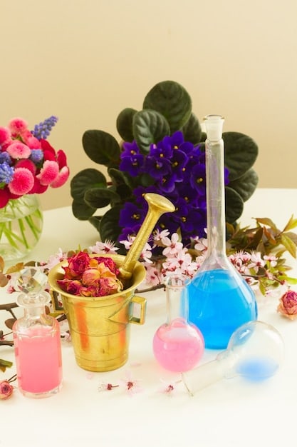 A visually appealing arrangement showcasing different flowers that are commonly used in floral perfumes, such as roses, jasmine, and lilies. The arrangement is set against a soft, neutral background to highlight the flowers.