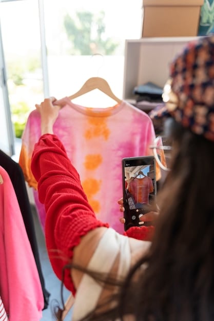 Close-up of a person sifting through a rack of clothing at a well-organized thrift store, with natural lighting and a focus on sustainable fashion.