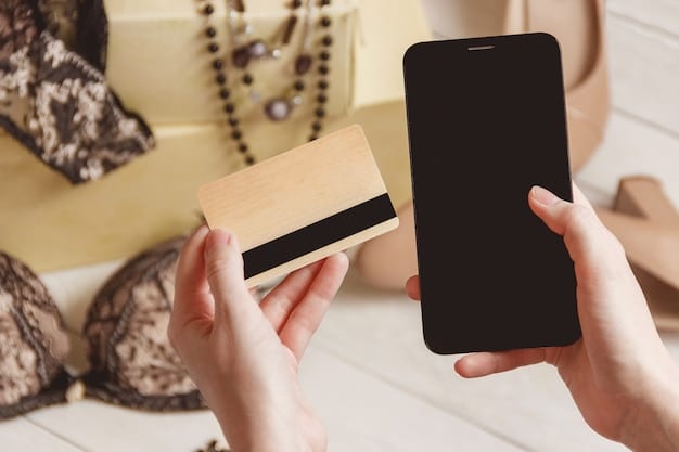 A hand holding a store loyalty card with a smartphone displaying the store's app showing accumulated points. The background features a display of discounted clothing.
