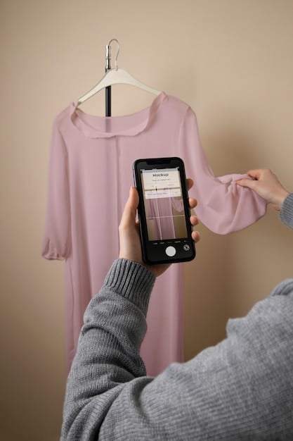 A close-up shot of a smartphone displaying a dress rental app interface, highlighting a variety of dresses with rental prices displayed. The app is clean and easy to navigate, and the dresses are shown on models in various wedding-appropriate settings. A woman's hand is partially visible, selecting a dress on the screen.