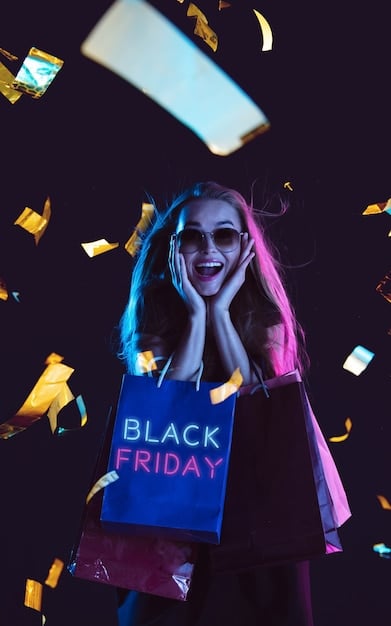 A depiction of a person enthusiastically shopping during a Black Friday sale, showcasing bulging shopping bags and a look of excitement, capturing the rush and potential savings of major sales events.