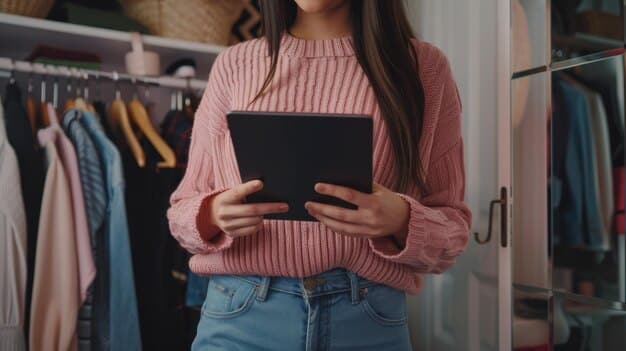 A person browsing through a rack of clothing at home, with a tablet displaying the Nuuly app interface. The scene is brightly lit and suggests the convenience of selecting rental clothes from the comfort of one's home.
