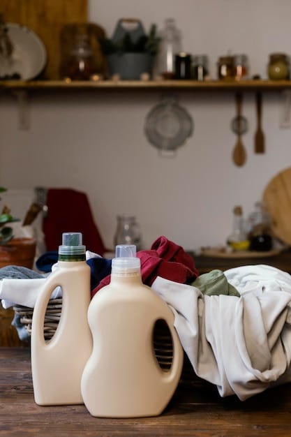 A well-organized laundry room with various garment care products, including gentle detergents, fabric softeners, and stain removers. A clothes rack with neatly hung garments covered in garment bags is also visible. The overall scene emphasizes the importance of proper garment care.