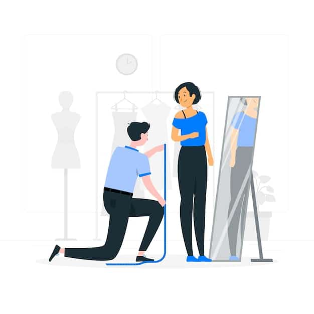 A person trying on a jacket and checking the fit in a mirror, focusing on the shoulder seams and overall silhouette.