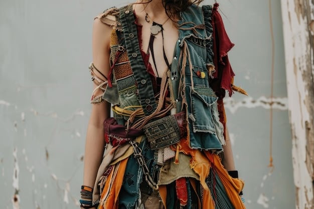 A person wearing a stylish, multi-layered outfit composed entirely of thrifted items, including a vintage blazer, a graphic tee, and unique jewelry. The individual is standing in an urban setting, showcasing confidence and style.