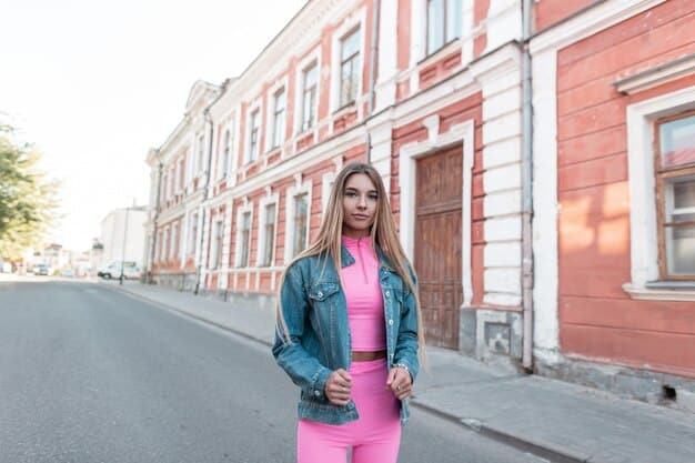 A woman wearing leggings, a crop top, and a bomber jacket, walking down a city street with a yoga mat, showcasing the athleisure outfit. She is smiling and has a confident, active vibe.