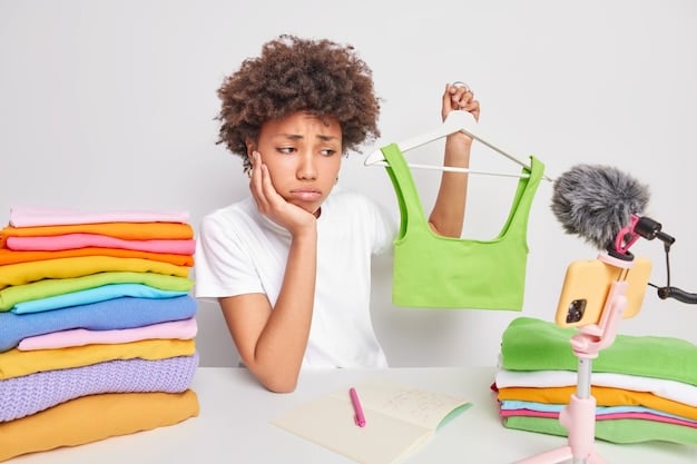 A person looking perplexed at a small, disorganized pile of clothes, representing the challenge of maintaining outfit variety with limited pieces, emphasizing the need for strategic planning to avoid pitfalls.