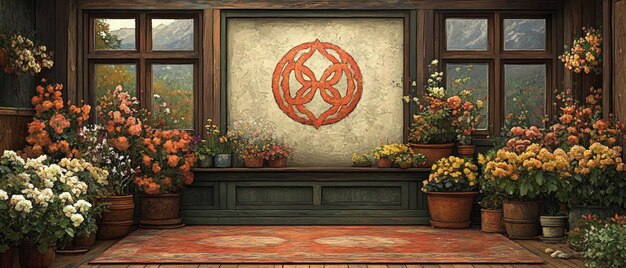 A digital render of a room decorated in evolved cottagecore style. A large wall features a dark and moody floral wallpaper with oversized, deconstructed blooms. Soft, natural light streams in, highlighting the intricate details.