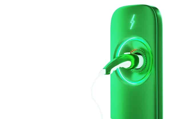 A sleek, modern electric car being charged at a public charging station, with a vibrant green backdrop symbolizing sustainability.