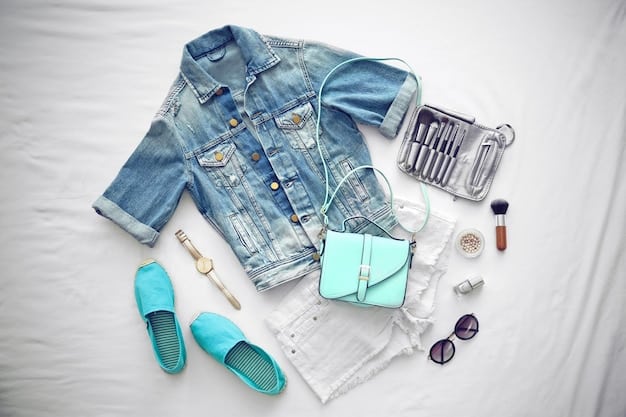 A detailed flat lay of Y2K-inspired accessories and a modern cropped sweater. Items include a baguette bag, tiny sunglasses, a butterfly clip, and platform sandals.
