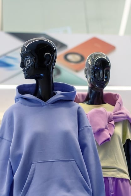 A retail display feature a collection of gender-neutral clothing items—oversized hoodies, relaxed-fit trousers, and simple t-shirts—arranged on mannequins with ambiguous features. The lighting is soft, emphasizing the comfortable and welcoming nature of the attire.