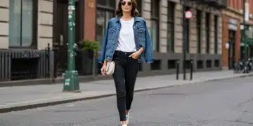 Stylish woman in white t-shirt, jeans, and denim jacket for casual 2025 look