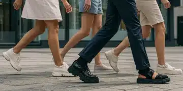 People showcasing 2025 casual footwear trends: minimalist sneakers, chunky loafers, ergonomic sandals on a city street.