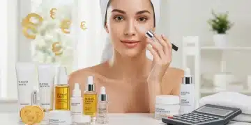 Woman applying premium skincare, representing smart beauty investments and financial savings.