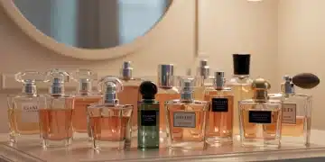 Elegant perfume bottles arranged on a vanity, representing a diverse fragrance wardrobe.