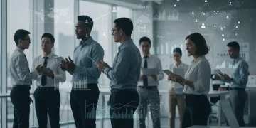 Professionals collaborating in a modern office, symbolizing U.S. workforce evolution and future skill demands by 2025.