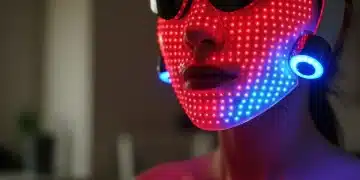 Person wearing an at-home LED mask for skin rejuvenation